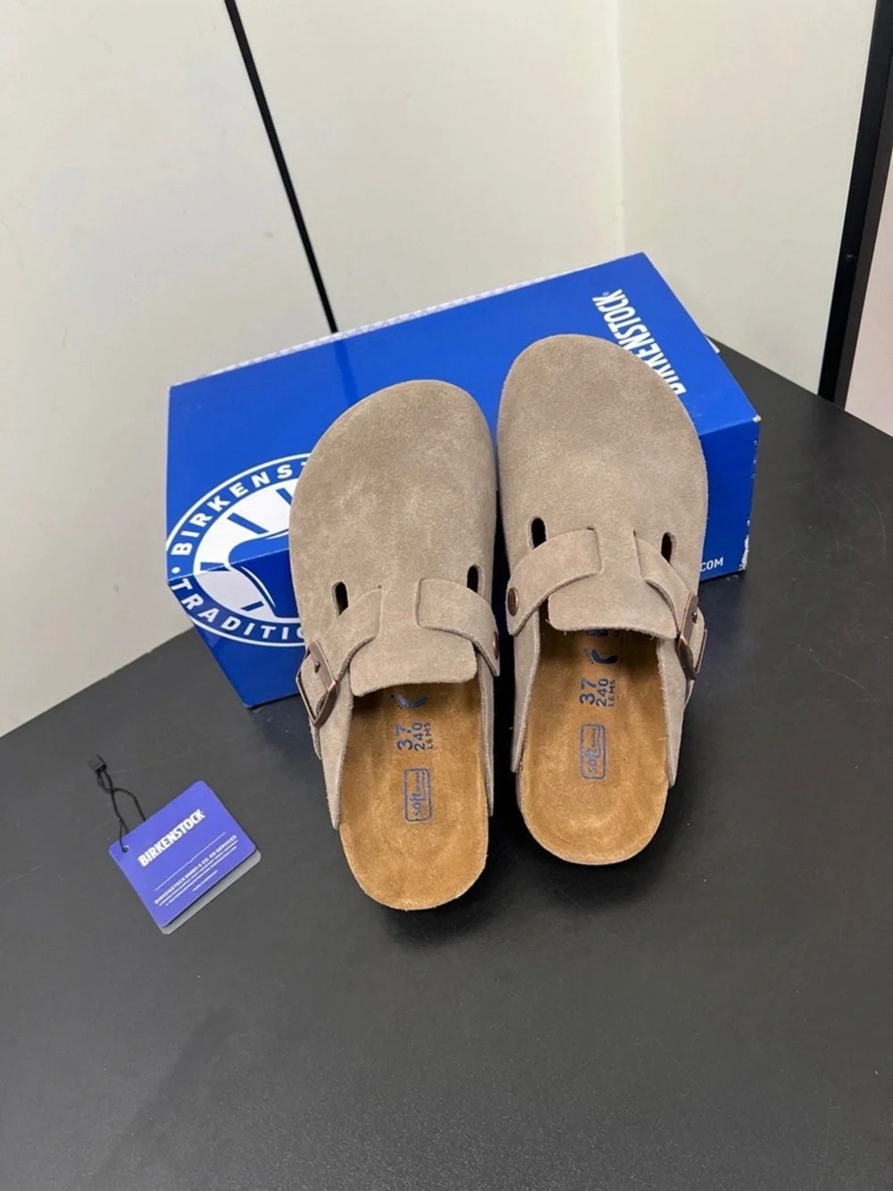 BIRKENSTOCK Boston taupe suede mule clogs